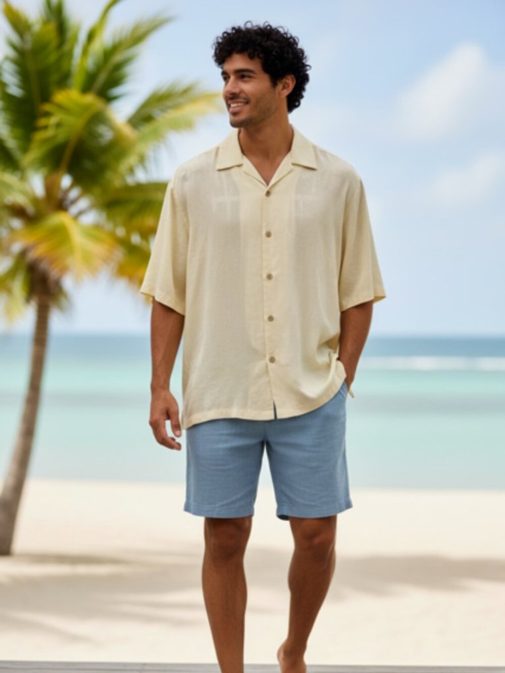 Men's XL Beige Camp Collar Short Sleeve Button-Up Shirt | Resort Beach Casual